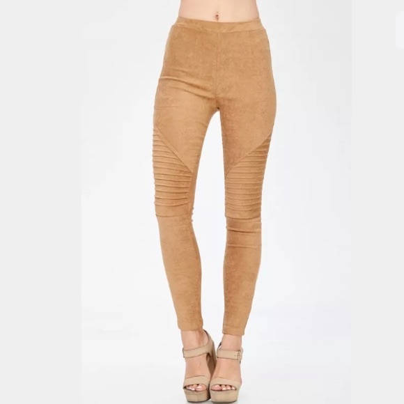 Beige Faux Suede Moto Stretch Casual Leggings - Picture 4 of 8